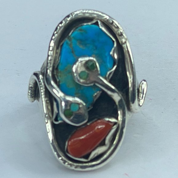 Zuni Effie sterling silver Turquoise Coral snake men's ring 26.9g s10.5 JR7661